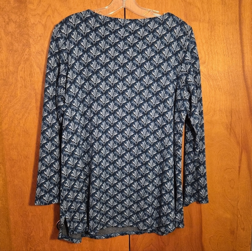 J. JILL Ponte Blue Knit Tunic Floral Leaf Boat neck 3/4 Sleeve Top Medium - Picture 7 of 8